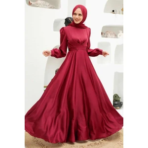 Neva Style Tesettürlü Abiye Elbise - Bağlama Detaylı Bordo Tesettür Abiye Elbise 3064BR