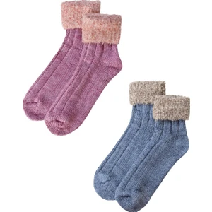 Unlimited Legwear 2li Pembe/mavi Kalın Kışlık Bileği Pofuduk Kadın Bot Çorabı