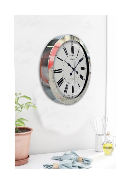 Krom Çerçeveli Salon Ofis Duvar Saati 36 cm
