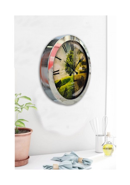 Krom Çerçeveli Salon Ofis Duvar Saati 36 cm