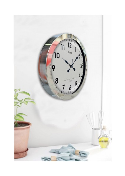 Krom Çerçeveli Salon Ofis Duvar Saati 36 cm