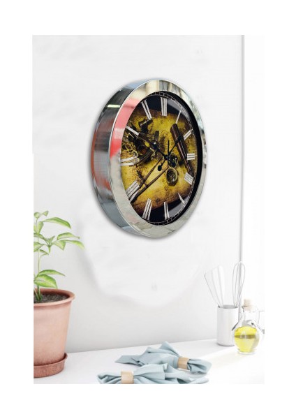 Krom Çerçeveli Salon Ofis Duvar Saati 36 cm