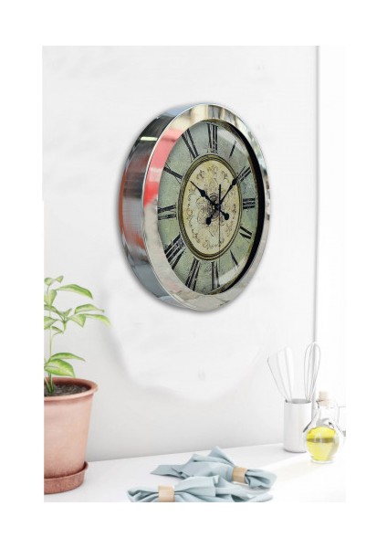 Krom Çerçeveli Salon Ofis Duvar Saati 36 cm