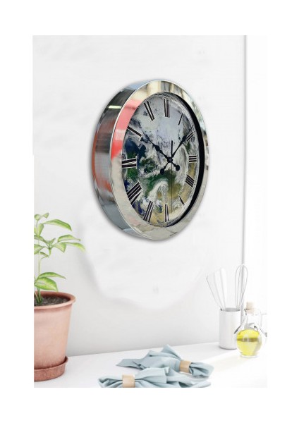 Krom Çerçeveli Salon Ofis Duvar Saati 36 cm