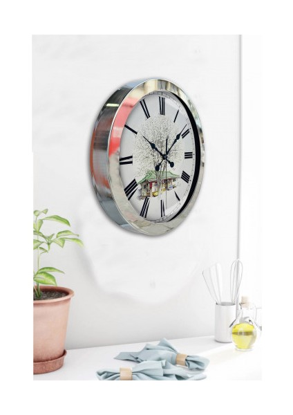 Krom Çerçeveli Salon Ofis Duvar Saati 36 cm