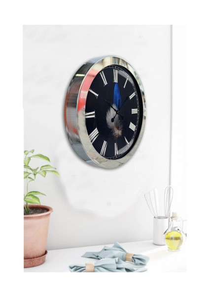 Krom Çerçeveli Salon Ofis Duvar Saati 36 cm
