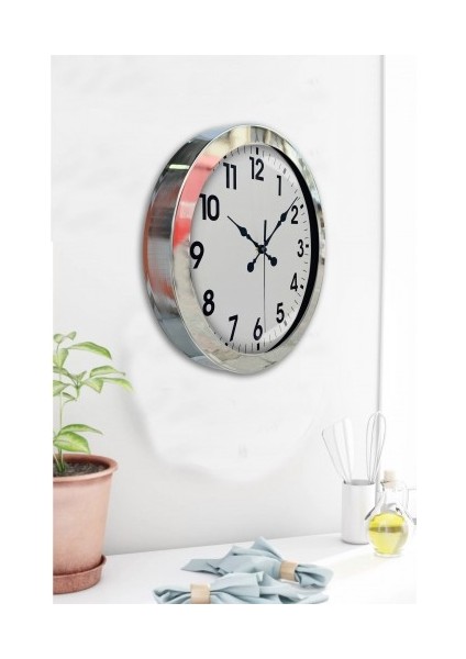 Krom Çerçeveli Salon Ofis Duvar Saati 36 cm