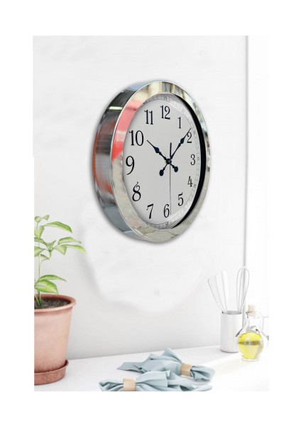 Krom Çerçeveli Salon Ofis Duvar Saati 36 cm