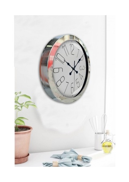 Krom Çerçeveli Salon Ofis Duvar Saati 36 cm