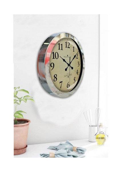 Krom Çerçeveli Salon Ofis Duvar Saati 36 cm