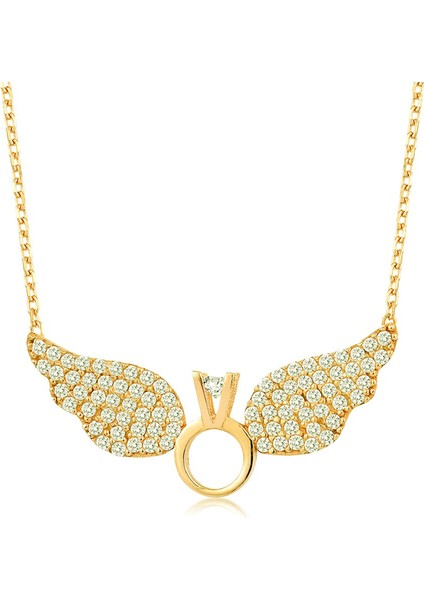 Altın Kaplama Tektaş Melek Kanadı 925 Ayar Gümüş Kolye