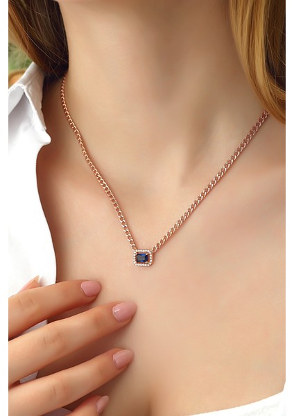 Kadın Rose Gurmet Zincirli Safir Baget Taşlı 925 Ayar Gümüş Kolye