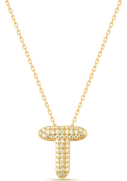 Altın Kaplama Zirkon Taşlı T Harf 925 Ayar Gümüş Kolye