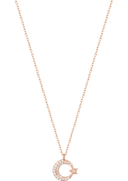 Ay Yıldız Rose Kaplama 925 Ayar Gümüş Kolye