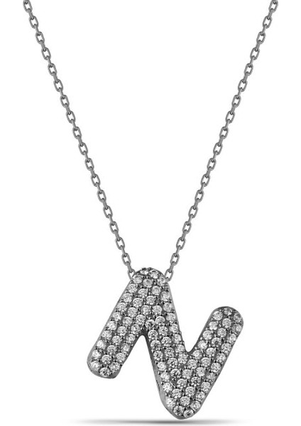 Zirkon Taşlı N Harf 925 Ayar Gümüş Kolye