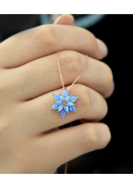 Çiçek Figürlü Safir Taşlı Rose Kaplama Gümüş Kolye