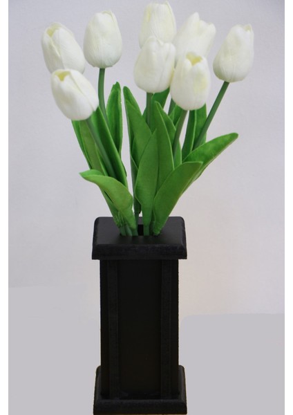 Ahşap Vazoda 8li Islak Lale Demeti Beyaz 32 Cm
