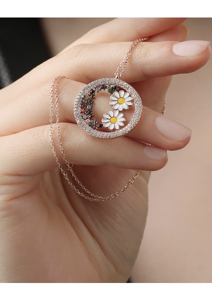 Çiçek Figürlü Rose Kaplama Gümüş Kolye