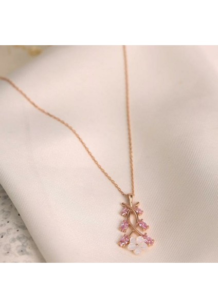 Çiçek Figürlü Pembe Zirconia Taşlı Gümüş Kolye