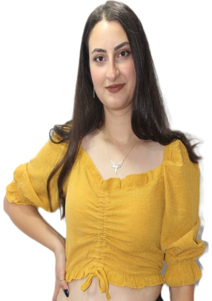 Hardal Balon Kol Crop Bluz