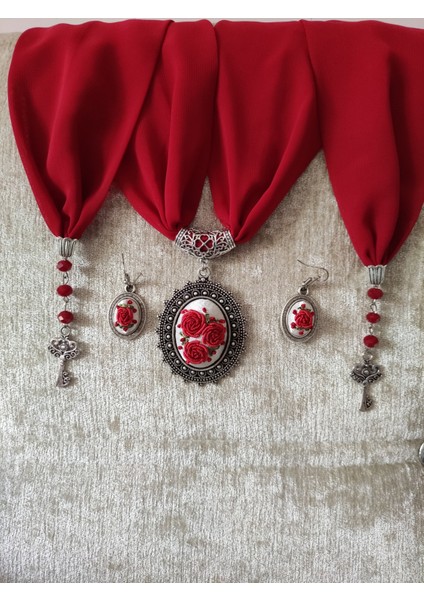 Fular Adilstore Brezilya Nakış Işlemeli ( Rokoko ) Fular ve Küpe