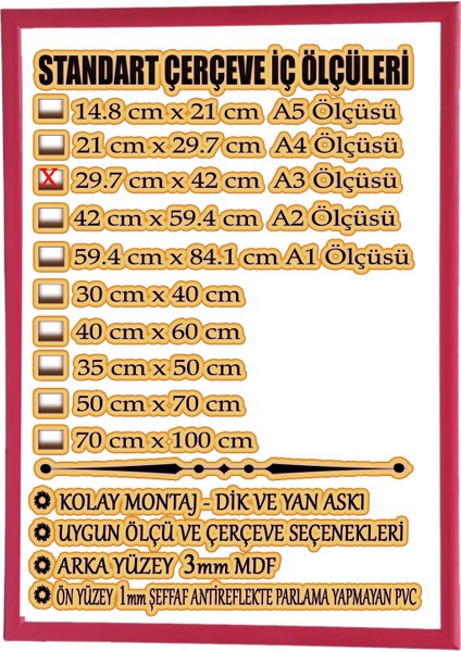 MİXEFOR A3 Çerçeve-Renk FUŞYA Arka Yüzey 3mm Mdf-Ön yüzey Kırılmaz parlama yapmayan Antireflektif fırsatları