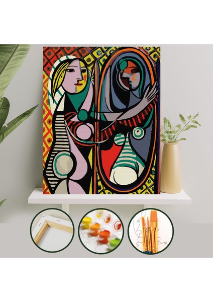 Sayılarla Boyama Tuval Seti Fırça Boya Dahil (Çıtalı) 40x50 CM - Aynadaki Kadın