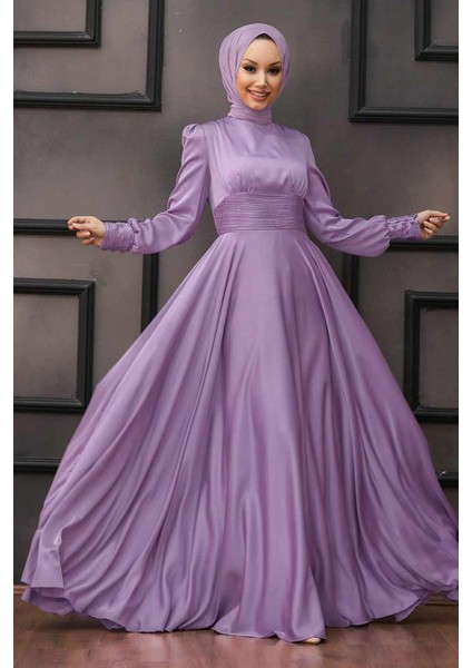 Tesettür Abiye Elbise - Drape Detaylı Koyu Lila Tesettür Abiye Elbise 2511KLILA