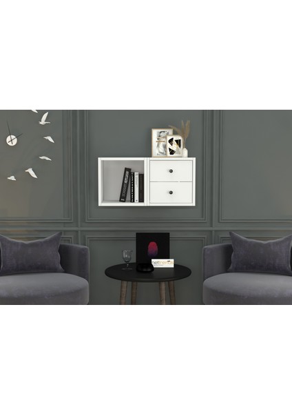 Kitaplikli Çekmeceli Duvar Rafi Beyaz 70 cm DVR-1012-Ç