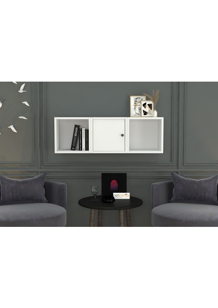 Kitaplikli Kapakli Duvar Rafi Beyaz 100 cm DVR-1017-Ç