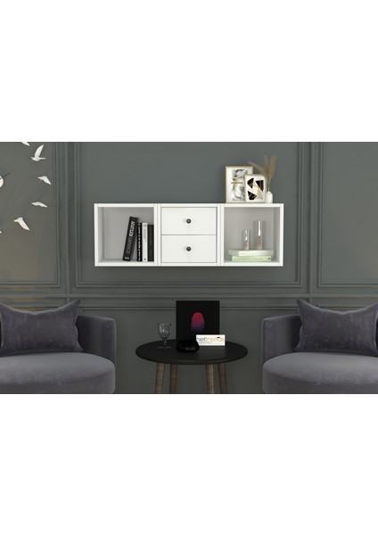 Kitaplikli Çekmeceli Duvar Rafi Beyaz 100 cm DVR-1018-Ç