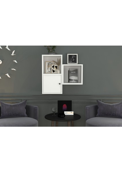 Kitaplikli Kapakli Duvar Rafi Beyaz 70 cm DVR-1046-Ç