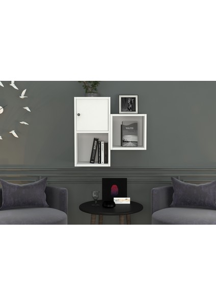 Kitaplikli Kapakli Duvar Rafi Beyaz 70 cm DVR-1047-Ç