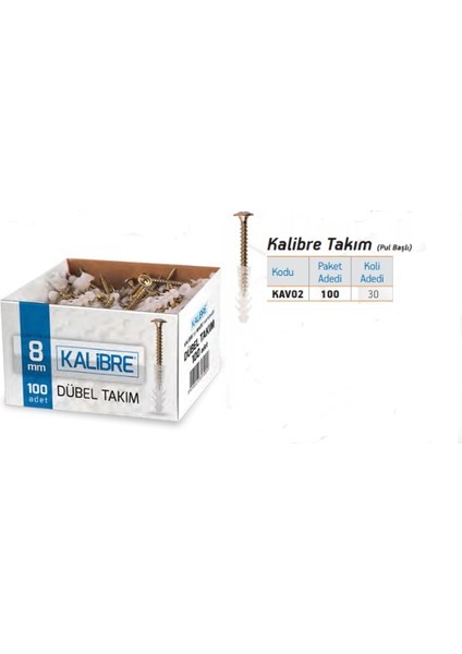 Made Kalibre Dübel 8 mm Vida Dübel Takımı 100 Adet