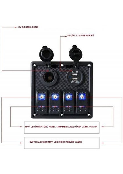 Sigorta (Swıtch) Panel 4 Lü USB 12V - Tekne & Karavan