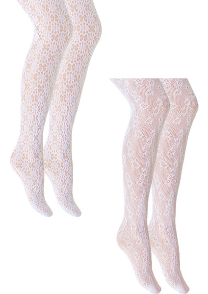 2li Bahardalı/geometrik Desenli Dantel File Çocuk Külotlu Çorap 9-12 Yaş