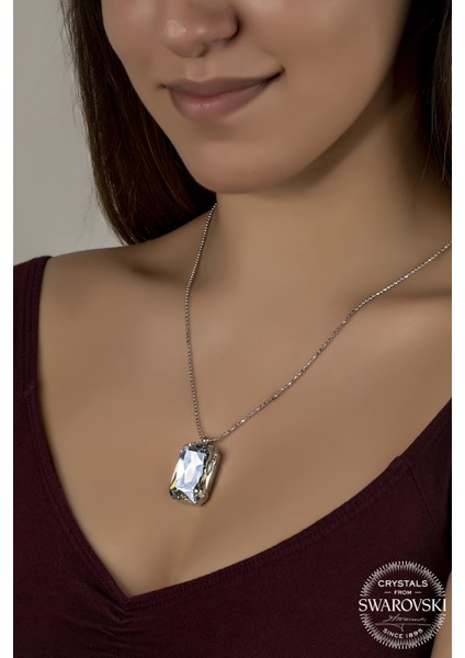 Union Swarovski Crystal Kadın Büyük Parlak Octagan Gümüş Kolye