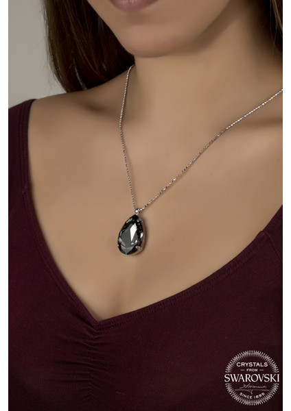 Union Swarovski Crystal Kadın Black Diamond Damla Gümüş Kolye