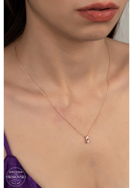 Union Swarovski Zirconia Kadın Mini Tektaş Rose Gümüş Kolye