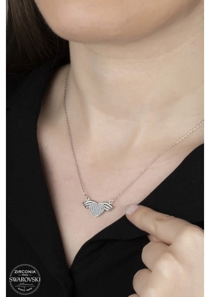 Union Swarovski Zirconia Kadın Kanatlı Kalp Gümüş Kolye