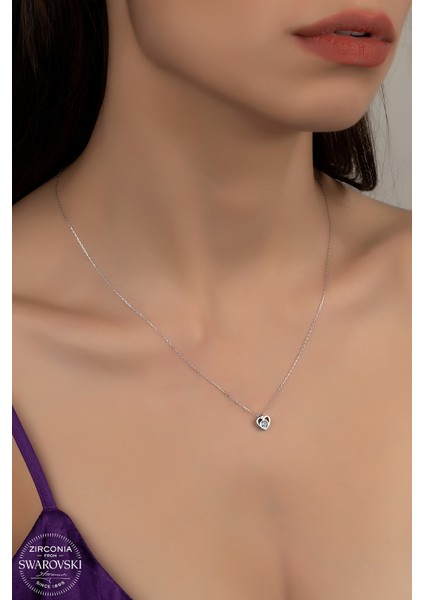 Union Swarovski Zirconia Kadın Mini Kalp Pırlanta Montür Gümüş Kolye