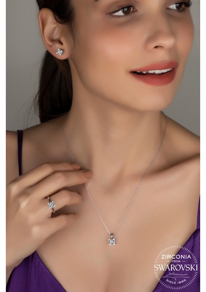 Union Swarovski Zirconia Kadın Kalpli 4 Tırnak Gümüş Set
