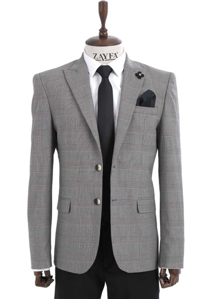 Siyah Ekoseli Gri Slim Fit Tek Ceket