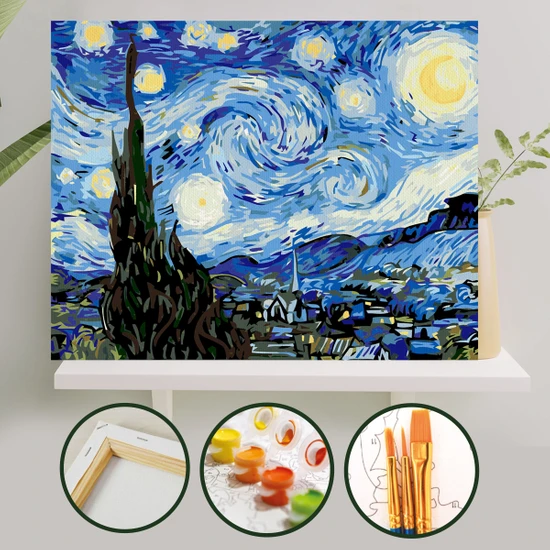 Palmiye Hobi Sanat Sayılarla Boyama Tuval Seti Fırça Boya Dahil (Çıtalı) 40x50 CM - Yıldızlı Gece