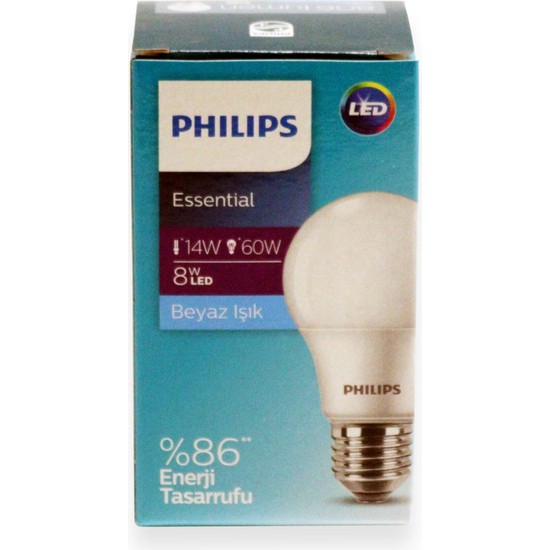 Philips Ess Ledbulb 8W-60W E27 Normal Duy Beyaz Işık- 6 Adet Fiyatı