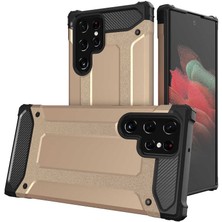 Caseart Samsung Galaxy S22 Ultra Kapak Çift Katmanlı Zırh Tank Kılıf - Gold