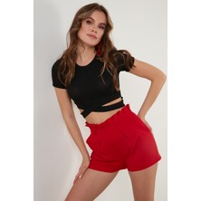 Lela Fitilli Bel Detaylı Kısa Kollu Dar Kesim Crop Bluz Bayan Bluz 5864211