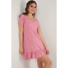 Lela Çiçekli Yuvarlak Yaka Fırfır Detaylı Mini Elbise Bayan Elbise 5863677