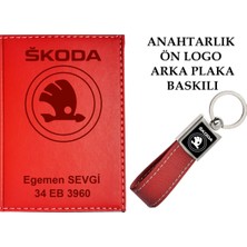 Promosyon Denizi Plakanıza ve Isminize Özel Lazer Baskılı Skoda  Logo Lukırmızı Ruhsat Kabı ve Anahtarlık