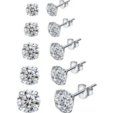 Adal Silver Kadın Gümüş 5 Çift 925 Ayar Tek Taş Model Zirkon Taşlı Yuvarlak Küpe